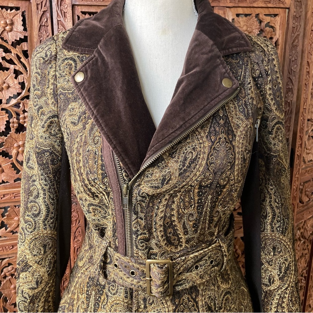 FREE PEOPLE Vintage Y2K Brown Paisley Belted Utility Trench Coat Duster Jacket - Picture 6 of 16